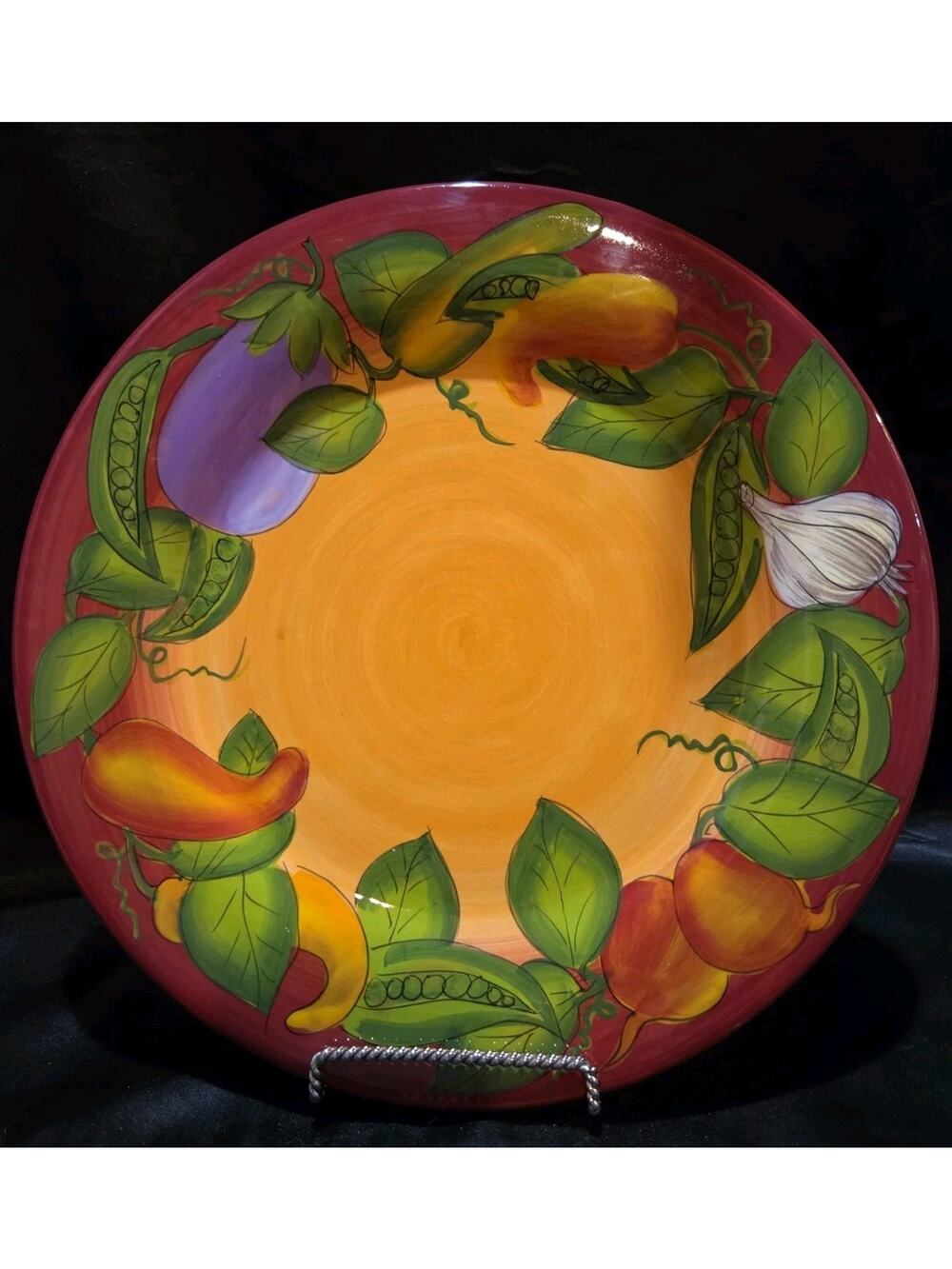 Gates Ware PEAS IN A POD Dinner plate, 11 7/8", Laurie Gates, Orange & Burgundy